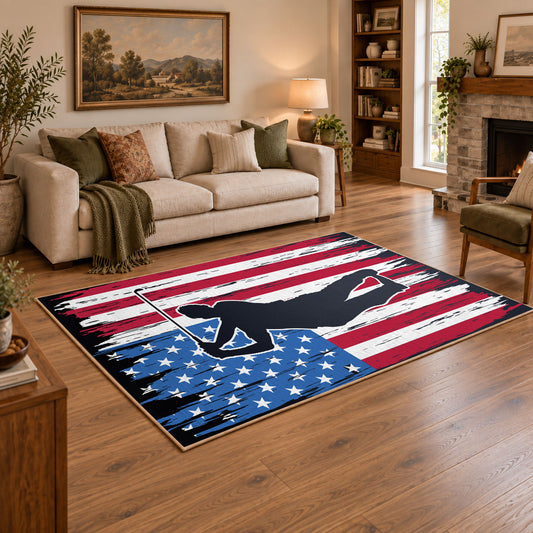 red white and blue patriotic football and flag design area rug, angled room view