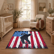 red white and blue patriotic football and flag design area rug, full pattern view