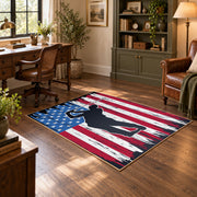 red white and blue patriotic football and flag design area rug, soft surface detail