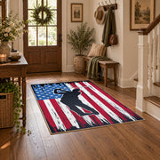 red white and blue patriotic football and flag design area rug, wood floor styling