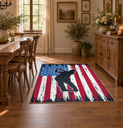 red white and blue patriotic football and flag design area rug, close decorative detail