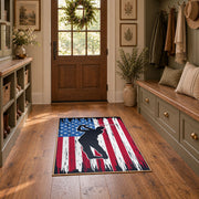 red white and blue patriotic football and flag design area rug, front room mockup