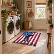 red white and blue patriotic football and flag design area rug, wide interior view