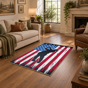 red white and blue patriotic football and flag design area rug, ornamental detail view