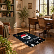 black and multicolor billiards ball graphic area rug, warm living room view