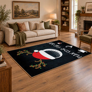 black and multicolor billiards ball graphic area rug, angled room view