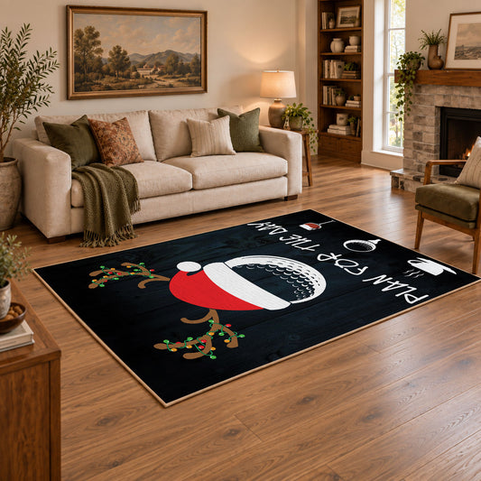 black and multicolor billiards ball graphic area rug, angled room view