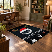 black and multicolor billiards ball graphic area rug, wood floor styling
