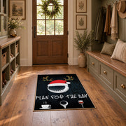 black and multicolor billiards ball graphic area rug, wide interior view
