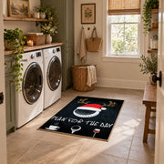 black and multicolor billiards ball graphic area rug, ornamental detail view