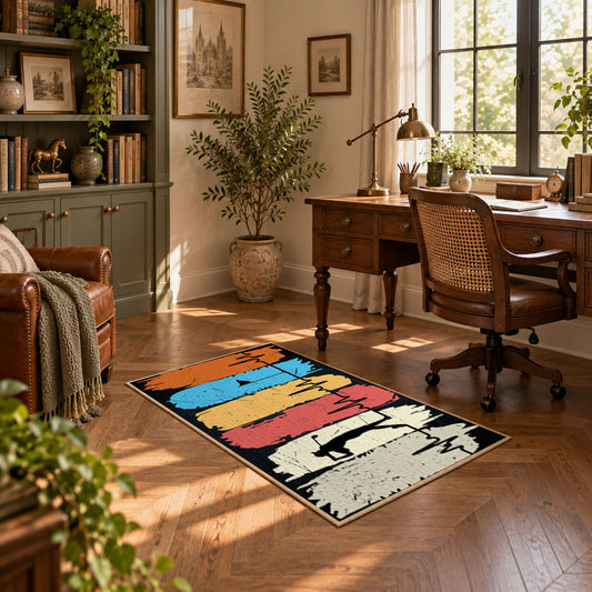 orange blue and cream retro boxing gloves graphic area rug, warm living room view