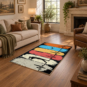 orange blue and cream retro boxing gloves graphic area rug, cozy home setting