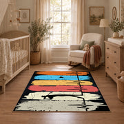 orange blue and cream retro boxing gloves graphic area rug, full pattern view