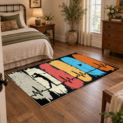 orange blue and cream retro boxing gloves graphic area rug, soft surface detail