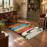 orange blue and cream retro boxing gloves graphic area rug, wood floor styling