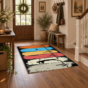 orange blue and cream retro boxing gloves graphic area rug, close decorative detail