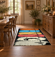 orange blue and cream retro boxing gloves graphic area rug, front room mockup