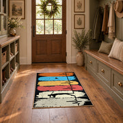 orange blue and cream retro boxing gloves graphic area rug, wide interior view