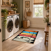 orange blue and cream retro boxing gloves graphic area rug, ornamental detail view