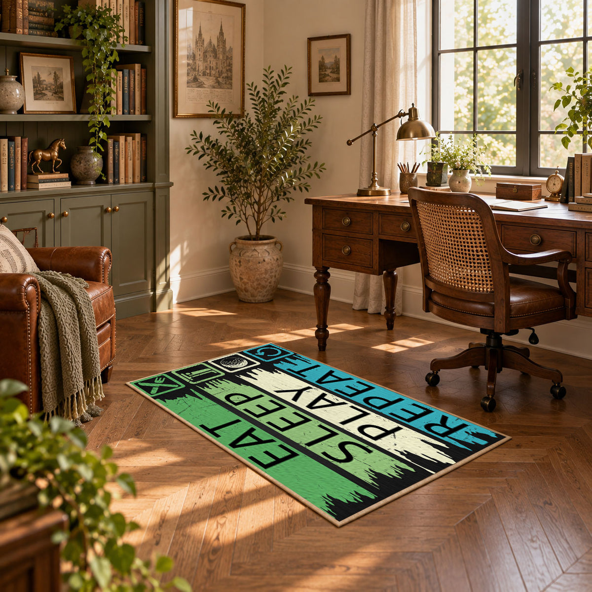 green blue eat sleep play repeat typography area rug, featured room view