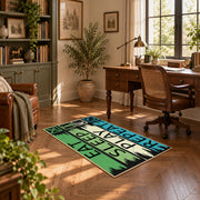 green blue eat sleep play repeat typography area rug, featured room view