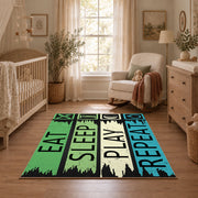 green blue eat sleep play repeat typography area rug, full pattern view
