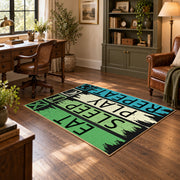 green blue eat sleep play repeat typography area rug, wood floor styling