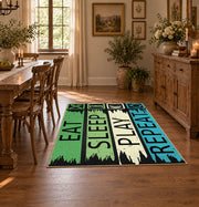 green blue eat sleep play repeat typography area rug, front room mockup