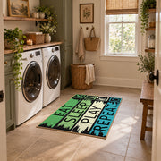 green blue eat sleep play repeat typography area rug, design detail view