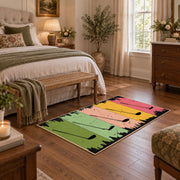 pastel rainbow brushstroke abstract area rug, cozy home setting
