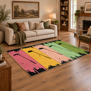 pastel rainbow brushstroke abstract area rug, angled room view