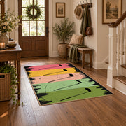 pastel rainbow brushstroke abstract area rug, wood floor styling