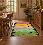 pastel rainbow brushstroke abstract area rug, close decorative detail
