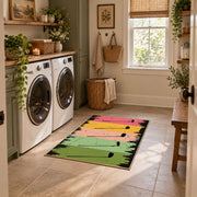 pastel rainbow brushstroke abstract area rug, wide interior view