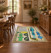 beige vintage golf equipment illustration area rug, featured room view