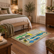 beige vintage golf equipment illustration area rug, cozy home setting