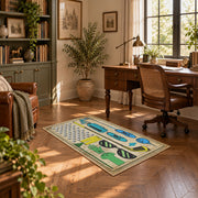 beige vintage golf equipment illustration area rug, complete product view