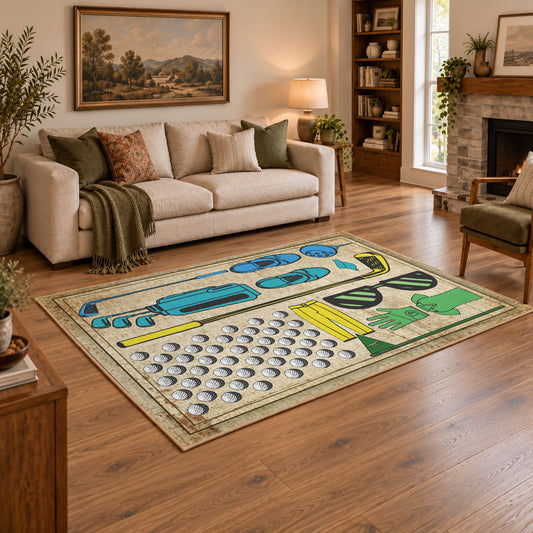 beige vintage golf equipment illustration area rug, angled room view