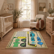 beige vintage golf equipment illustration area rug, full pattern view