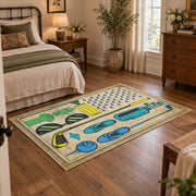 beige vintage golf equipment illustration area rug, soft surface detail