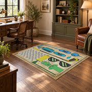 beige vintage golf equipment illustration area rug, wood floor styling