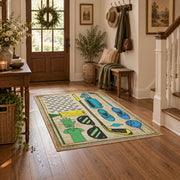 beige vintage golf equipment illustration area rug, close decorative detail