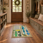beige vintage golf equipment illustration area rug, front room mockup