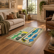 beige vintage golf equipment illustration area rug, design detail view