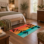 orange teal retro dare typography area rug, cozy home setting
