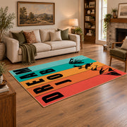 orange teal retro dare typography area rug, angled room view