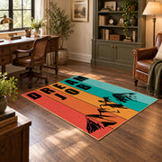 orange teal retro dare typography area rug, soft surface detail