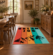 orange teal retro dare typography area rug, close decorative detail