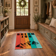 orange teal retro dare typography area rug, front room mockup