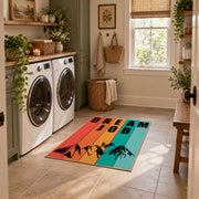 orange teal retro dare typography area rug, wide interior view